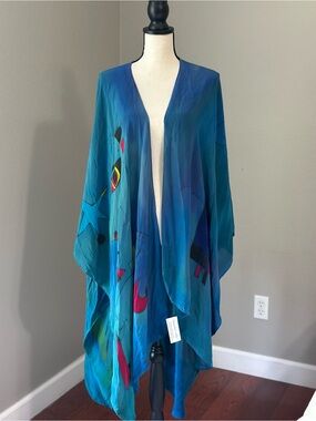 Natashas Silks Teal Blue Kimono Duster 100% Hand painted Abstract Design